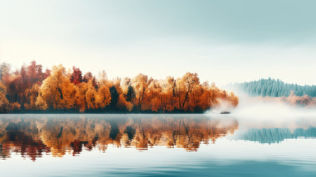 Misty autumn morning by the lake with trees reflecting in the waterの素材