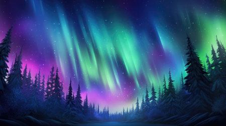 Northern lights over a pine forest on a starry nightの素材