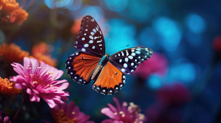Vibrant butterfly perched on pink flowersの素材