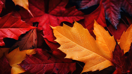 Close-up of colorful autumn leaves with raindropsの素材