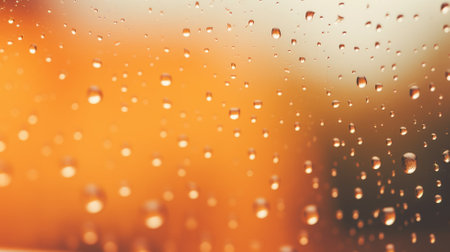 Raindrops on a window with a warm orange backgroundの素材