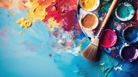 Vibrant artist palette with paint and brush, creative chaosの素材