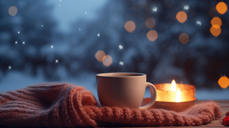 Hot drink and candle in a cozy winter settingの素材