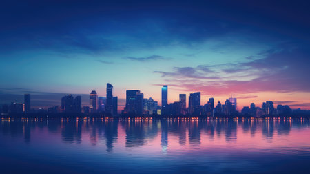 City skyline reflecting on water at dusk with vibrant skyの素材