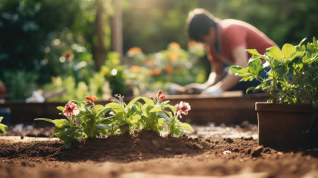 Person gardening in sunlight, close-up of plants in soilの素材