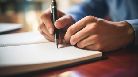 Close-up of hands writing in a notebookの素材