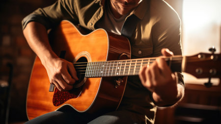 Close-up of a person playing an acoustic guitarの素材