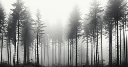 Misty forest with towering treesの素材