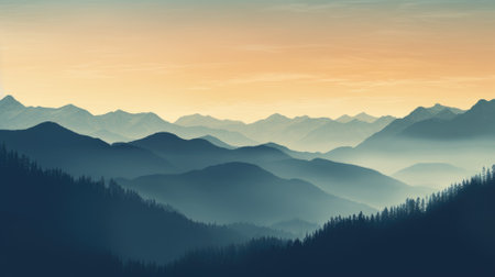 Mountainous landscape in hazy sunrise huesの素材