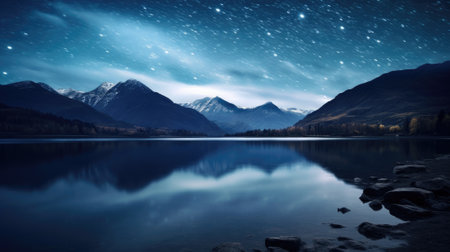 Starry night over peaceful lake with mountain silhouetteの素材