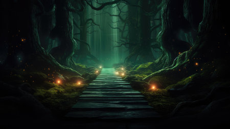 Mystical forest bridge leading to an ethereal light in the darknessの素材