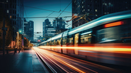 Blurred motion of a tram speeding through a city at nightの素材