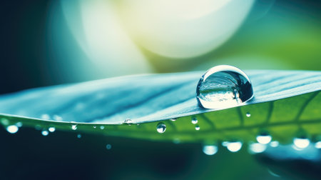 Water droplet on the edge of a leaf with reflectionの素材