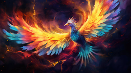 A vibrant, artistic rendition of a phoenix in flightの素材