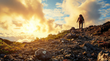 Hiker ascending a mountain trail at sunriseの素材