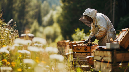 Beekeeper inspecting hives in a sunny fieldの素材
