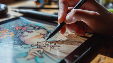 Digital artist drawing on a tablet with a stylus penの素材