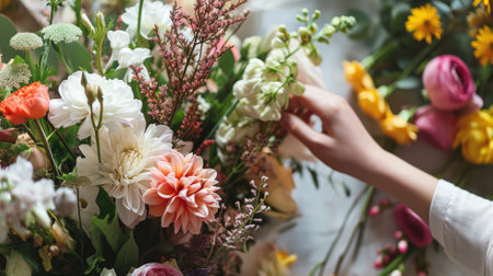 Florist's hand arranging a floral bouquet with diverse flowersの素材