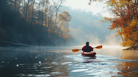 Kayaker paddling on a serene river flanked by autumn treesの素材