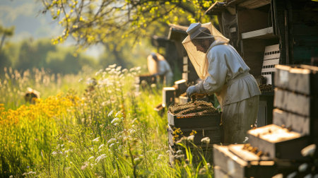 Beekeeper tending to beehives amidst blooming flowersの素材