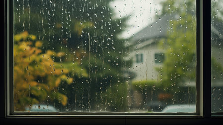 Raindrops speckle a window overlooking a blurry autumn sceneの素材