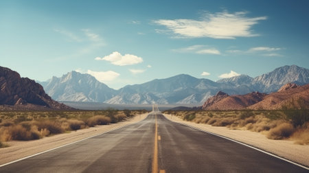 Desert road leading towards mountains under a clear blue skyの素材