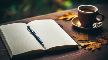 An open notebook with a pen, beside a cup of coffee and autumn leavesの素材