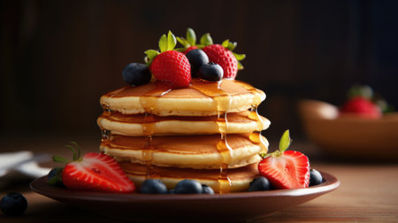 Stack of pancakes with fresh berries and syrupの素材