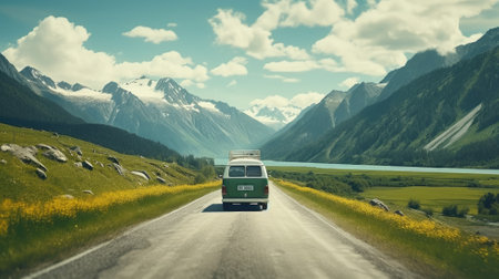 Vintage van on a road trip in a picturesque mountain valleyの素材