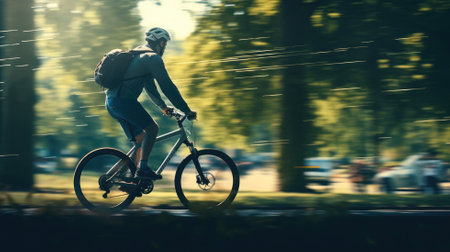 Cyclist speeding through a sun-dappled parkの素材