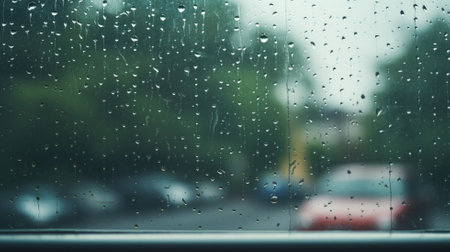 Raindrops on a window with a blurred city street behindの素材