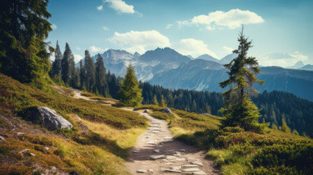 A mountain trail meandering through an alpine landscape on a sunny dayの素材