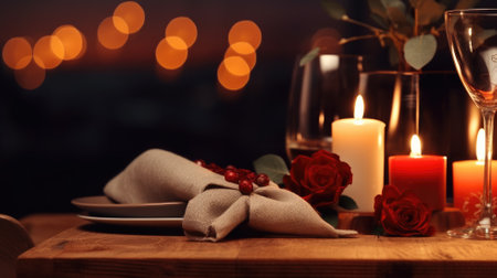 An intimate dinner setting with candles and rosesの素材