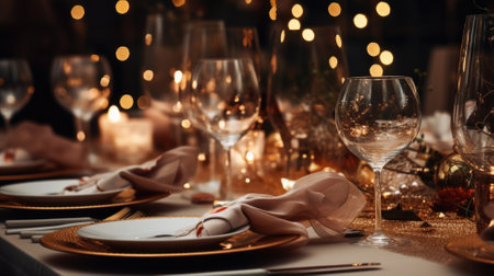 Elegant dinner table setting with festive decorの素材
