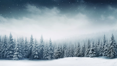 Snow gently falls in a peaceful pine forest during twilightの素材