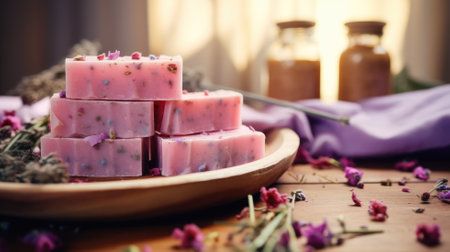 Handmade soap stacked on a wooden surfaceの素材