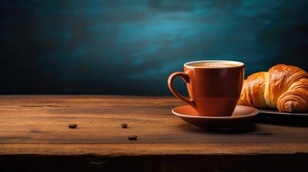 Coffee cup with croissant on a wooden backgroundの素材