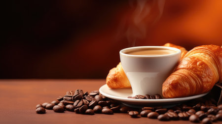 Coffee cup with croissant on a dark backgroundの素材