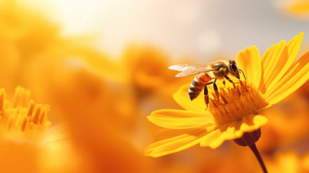 Bee pollinating a vibrant yellow flowerの素材