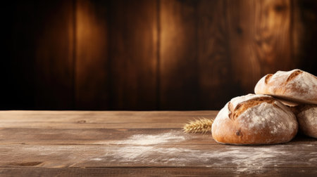 Freshly baked bread loaves on wooden surfaceの素材
