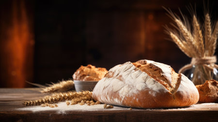 Artisan bread loaf on a rustic wooden tableの素材