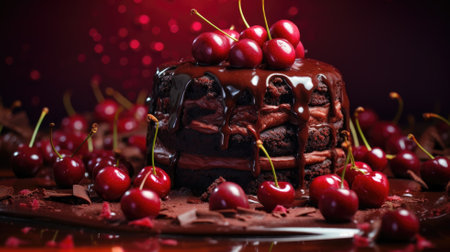 Decadent chocolate cake topped with cherries and dripping chocolate sauceの素材