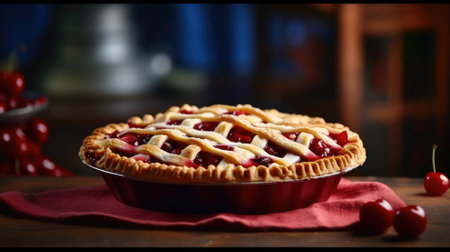 Cherry pie with a lattice crust on a rustic backgroundの素材