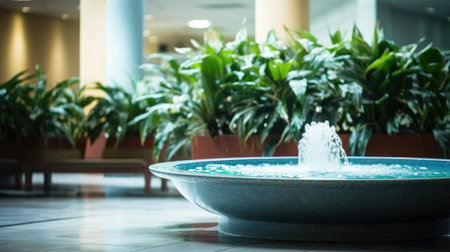Indoor fountain with lush green plants in a tranquil atrium settingの素材