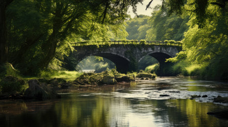 Old stone bridge over a tranquil river in a lush green forest settingの素材