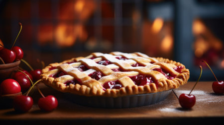 A classic cherry pie in a tin against a warm fireの素材