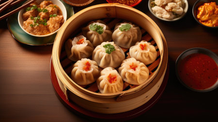 A bamboo steamer filled with garnished dumplings, with sauces and side dishesの素材