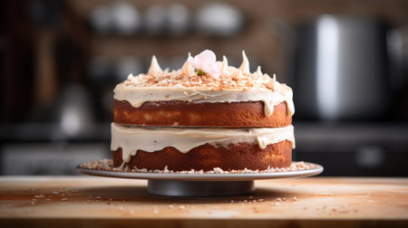 Layered cake with cream cheese frosting and a delicate flower on topの素材