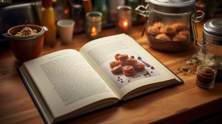Open cookbook with recipes and cookies on a kitchen counterの素材
