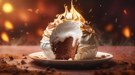 Baked Alaska with flaming meringue on a plateの素材